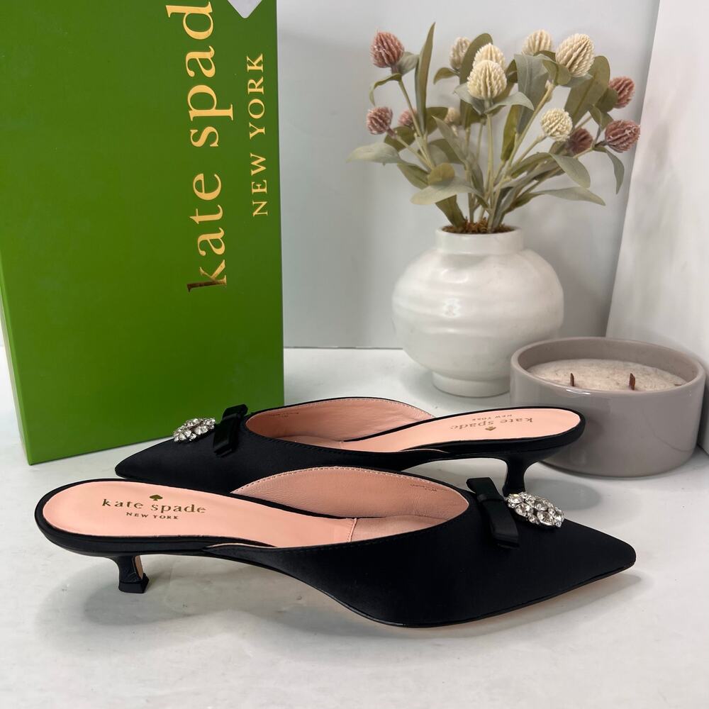 Kate Spade Darlene Satin Crystal/Bow Kitten Heel Mule Black Women 7M Tried On - Picture 6 of 11
